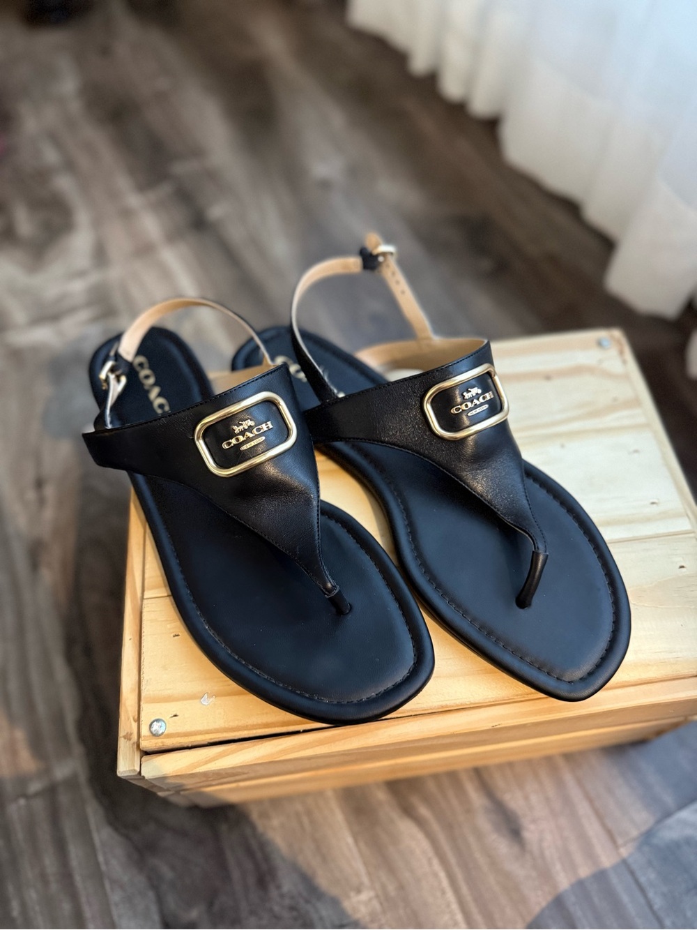 Coach Black Leather T-Strap Thong Sandals – Gold Buckle – Sz 10 / 40.5